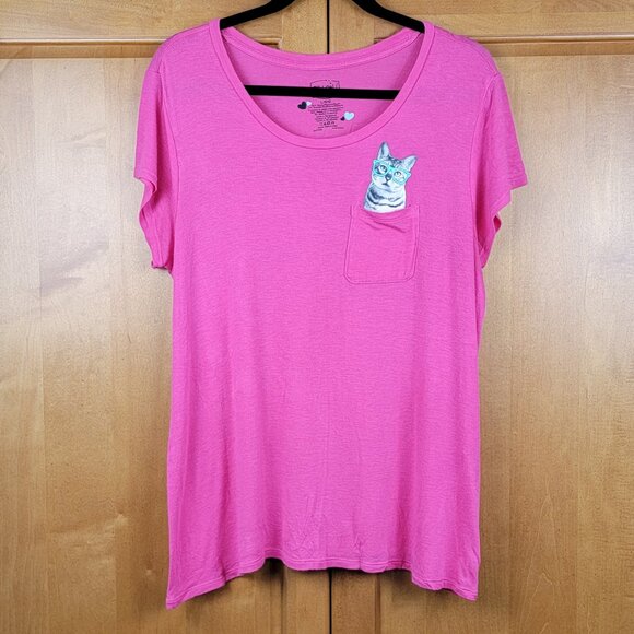 Pillow Talk Grey Kitten In Pocket Hot Pink Sleep Tee - L - Picture 1 of 7